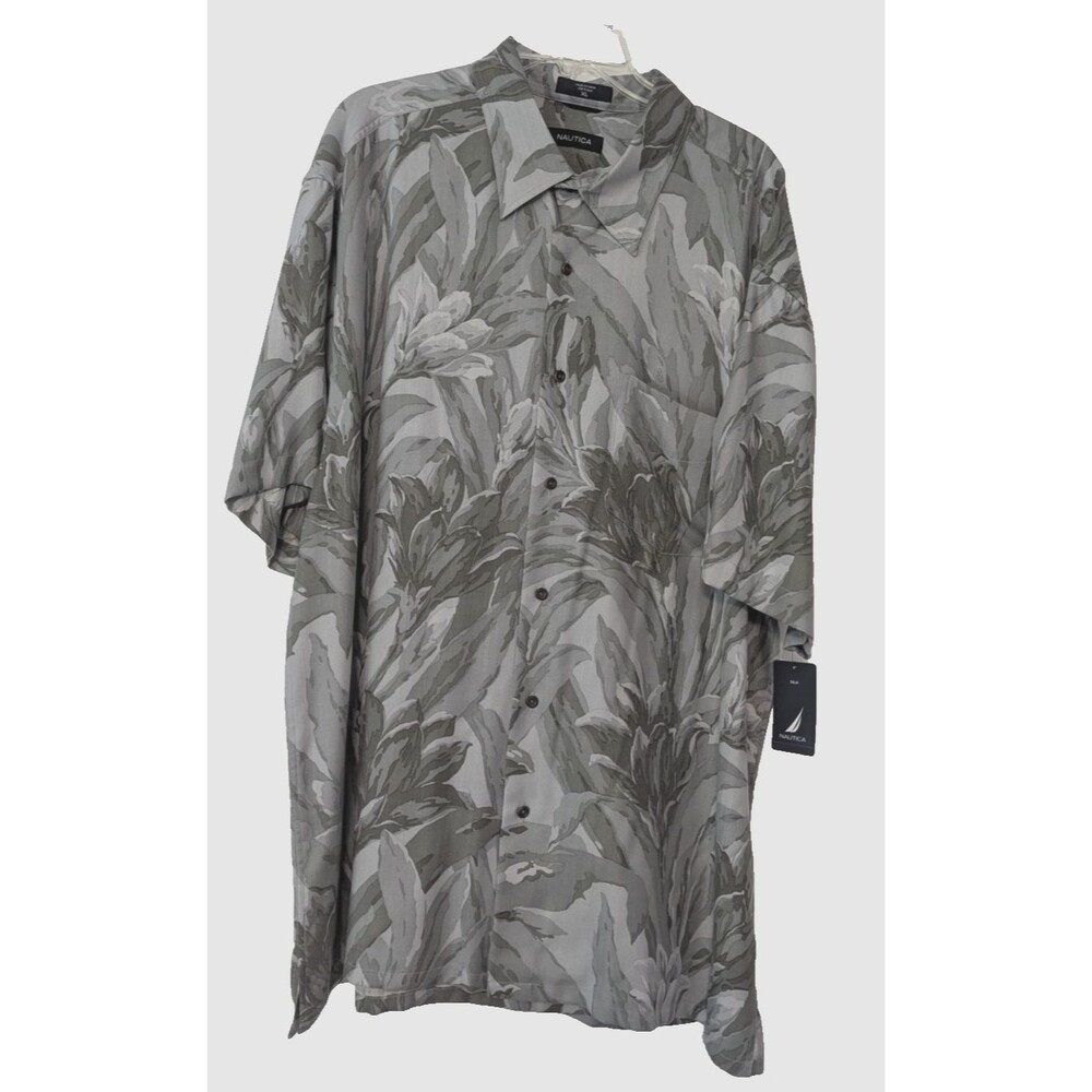 Nautica Short Sleeve Men XL Silk  Hawaiian Floral Camp Shirt Gray Sage NWT Note